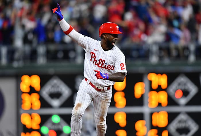 Sep 24, 2021; Philadelphia, Pennsylvania, USA; Philadelphia Phillies left fielder Andrew McCutchen (22) reacts as he rounds the bases after a three-run home run from shortstop Didi Gregorius (not pitctured) in the seventh inning against the Pittsburgh Pirates at Citizens Bank Park. Mandatory Credit: Kyle Ross-USA TODAY Sports